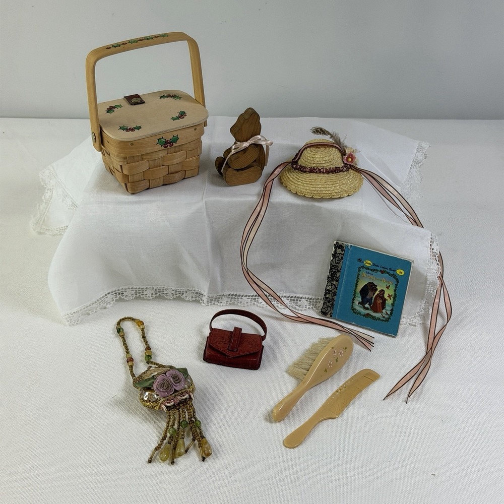 Lot‎ of 8 Doll Accessories Picnic Basket Purse Celluloid Brush Comb Wood Bear